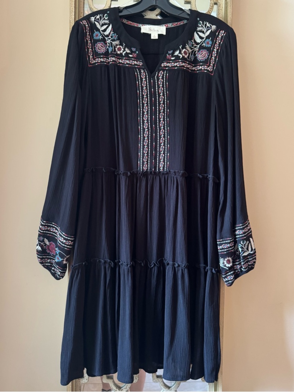 Nurture Black Boho Embroidered Peasant Dress - Tiered Long Sleeve - Size L